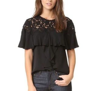 Rebecca Taylor Black Georgette Lace Ruffle Top Sz 6 Blouse